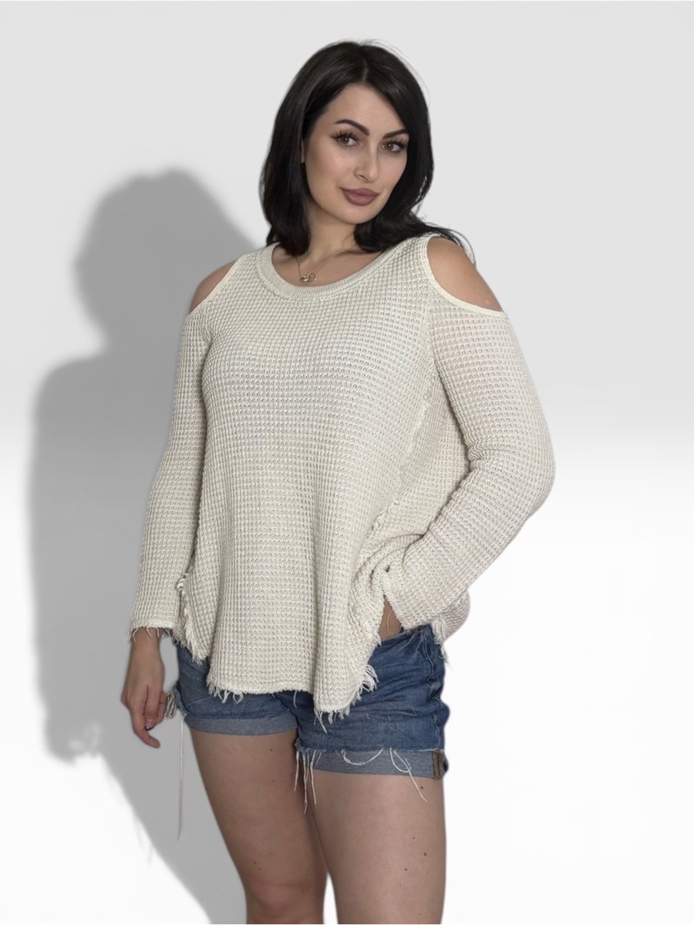 Free People Beach Cold Shoulder Waffle Knit Sweater S Cream Boho